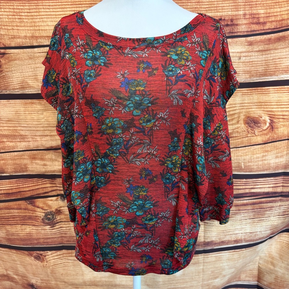 Free People Womens Burgandy Floral Ruffled Front Long Sleeve Top Size XS